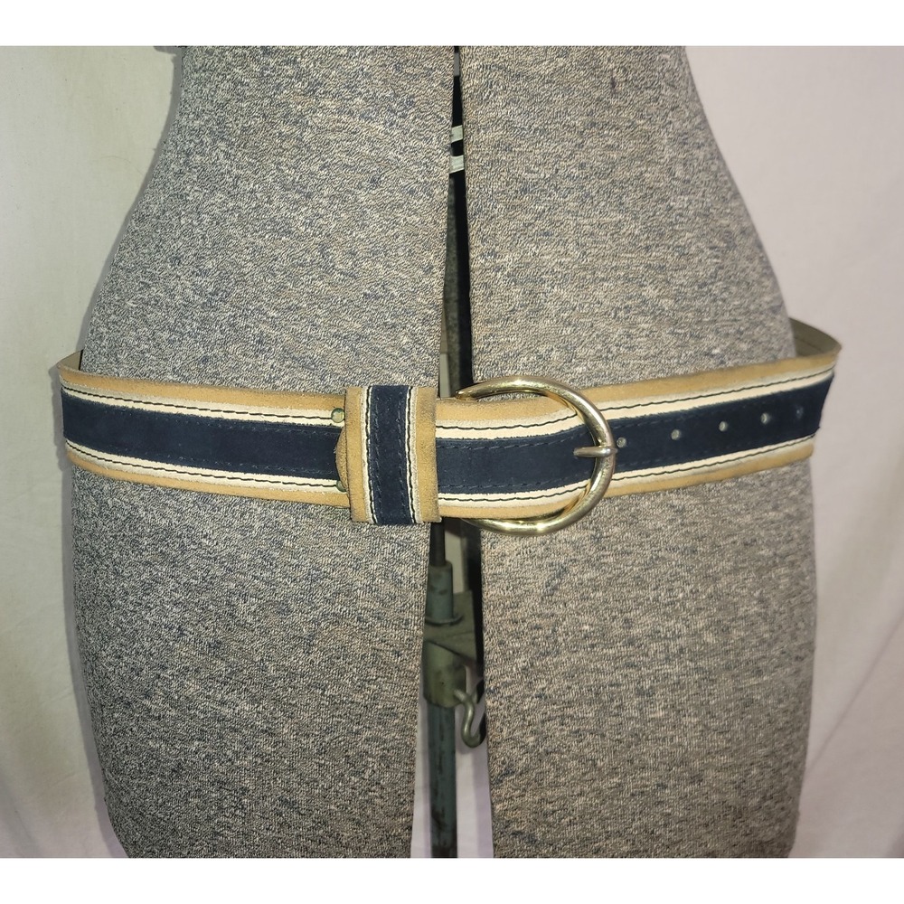 Vintage Canterbury Suede Split 36 Belt Navy Blue Tan S/M Classic Old Money - Picture 3 of 6